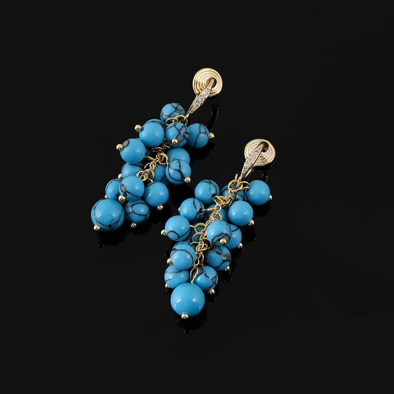 Elegant Blue Turquoise Stone Grape Cluster Dangle Stud & Clip On No Piercing Alloy Rhinestone Earrings