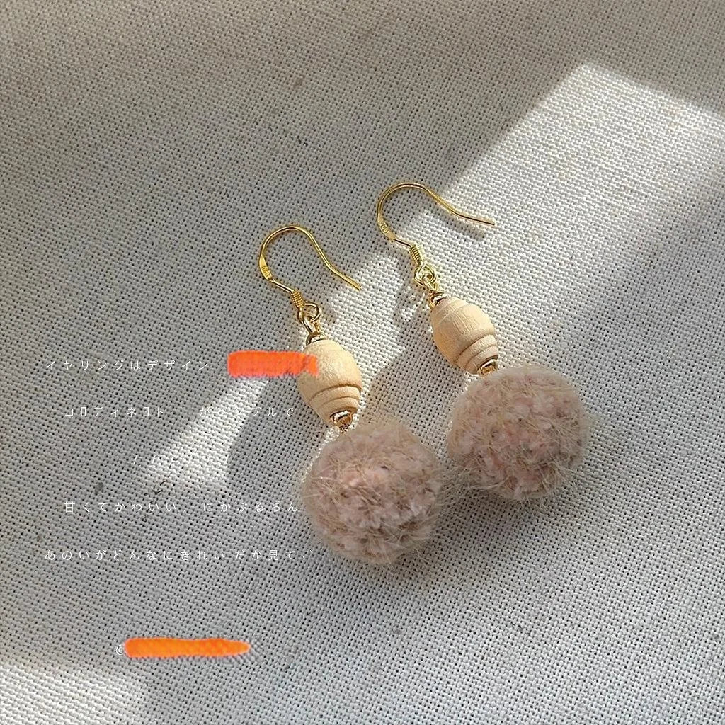 High-End Sweet Winter Plush Pom Pom Copper Drop Earrings With Wooden Round Geometric Design