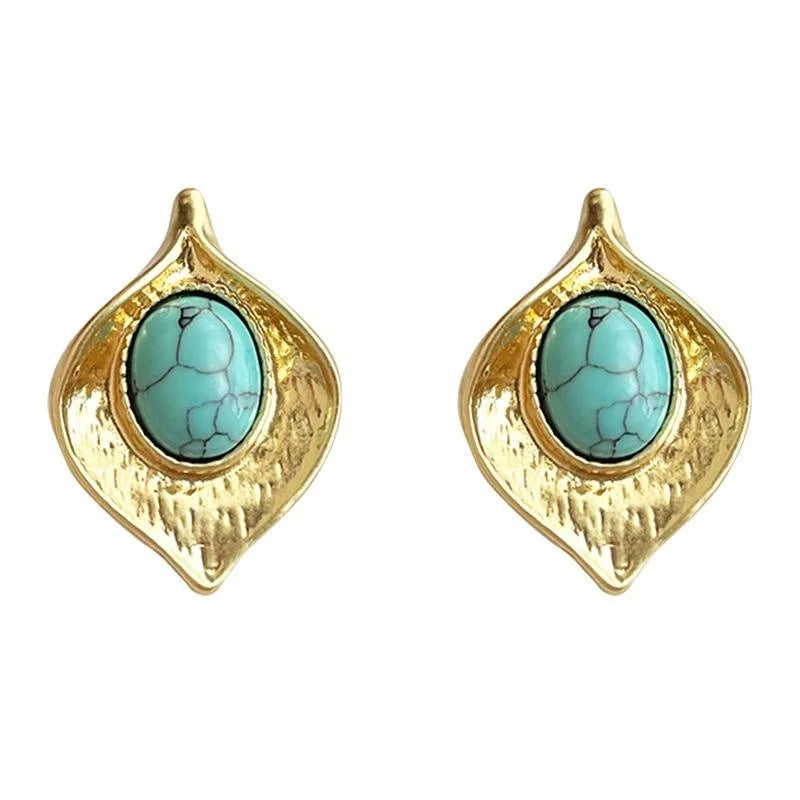 Vintage 14K Gold Plated Synthetic Turquoise Leaf Geometric Stud Earrings