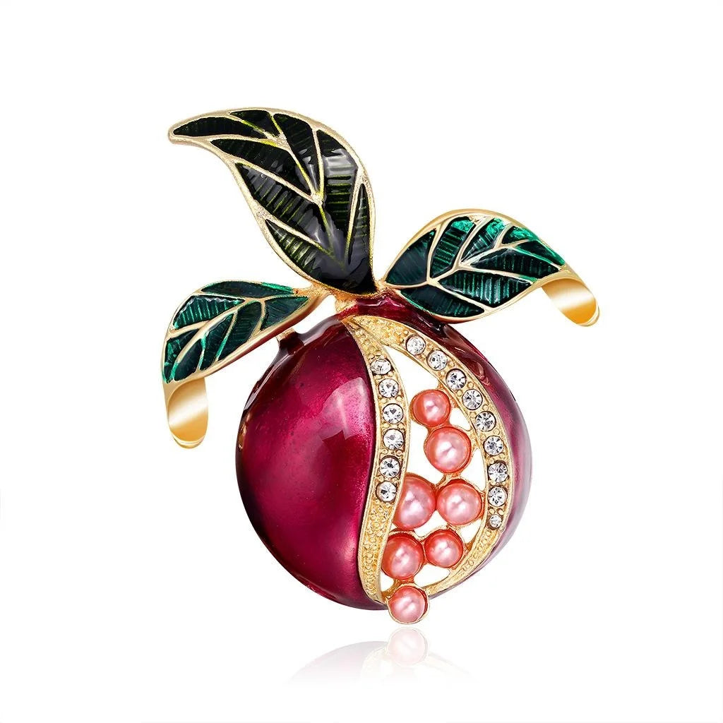 Elegant Enamel Pomegranate Brooch With Rhinestone Pearl Detail, Alloy Plant Lapel Pin Corsage Gift