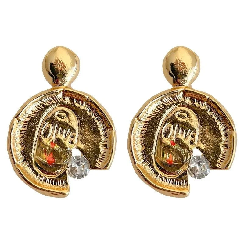 Vintage French Copper Coin Drop Earrings With Micro Pave Zircon Letter Design