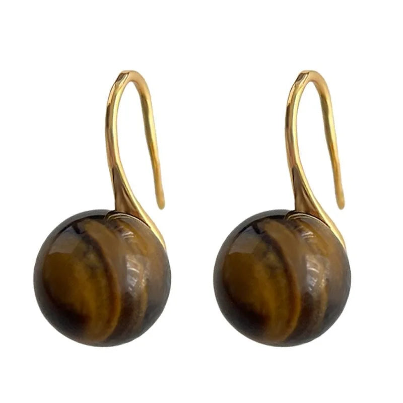 14K Plated Tiger Eye Round Geometric Ball Drop Earrings For Women Minimalist Commuter Jewelry