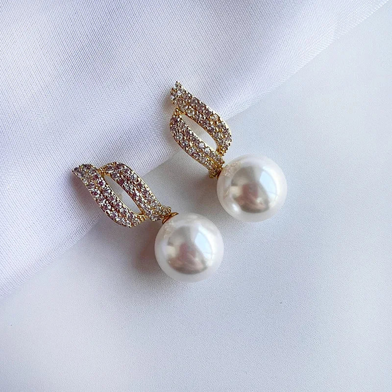 Elegant Pearl Drop Spiral Zircon Pave Alloy Stud & Clip On No Piercing Luxury Women's Earrings