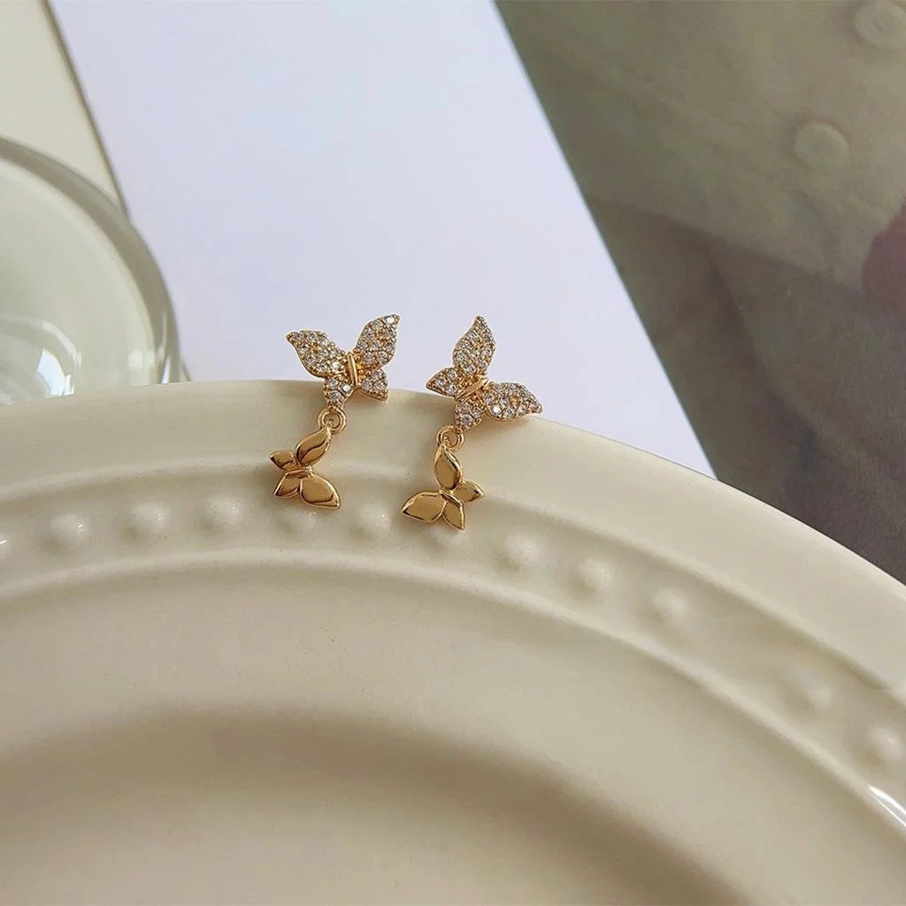 Elegant Copper Micro Pave Zircon Butterfly Stud Earrings, Minimalist Sweet Animal Jewelry