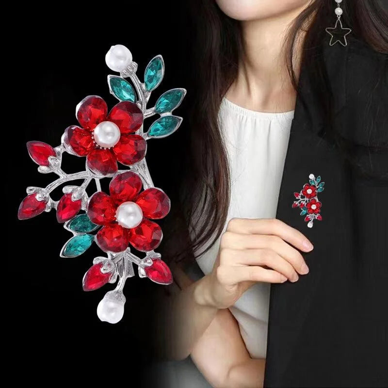Elegant Alloy Rhinestone Flower Bouquet Brooch With Faux Pearl Accents, Women's Lapel Pin Gift