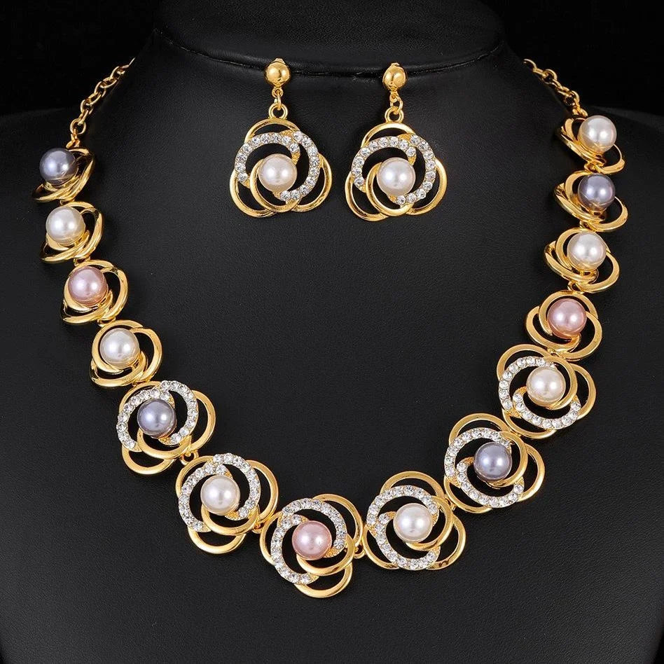 Elegant Gold Alloy Saturn Pearl Rhinestone Necklace Earrings Jewelry Set For Wedding Party Gift