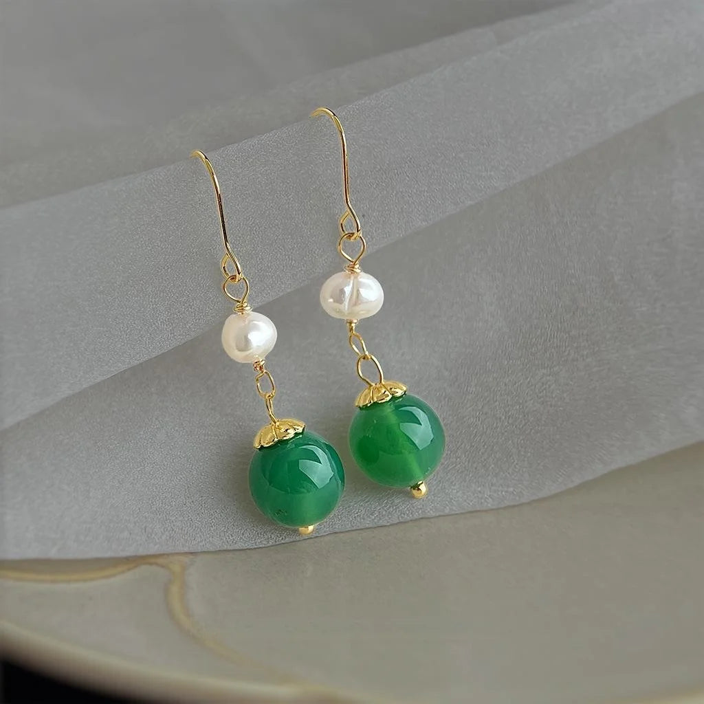 Handmade Green Agate Freshwater Pearl Geometric Bean Drop Earrings Vintage Palace Style