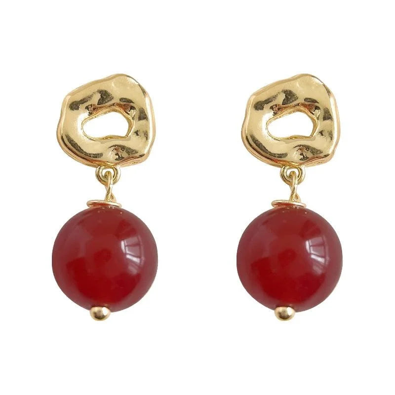 Natural Red Agate 14K Plated New Chinese Palace Style Round Geometric Drop Earrings