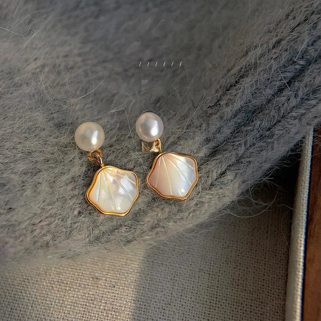 Freshwater Pearl Shell Geometric Stud Earrings French Vintage 14K Plated Jewelry