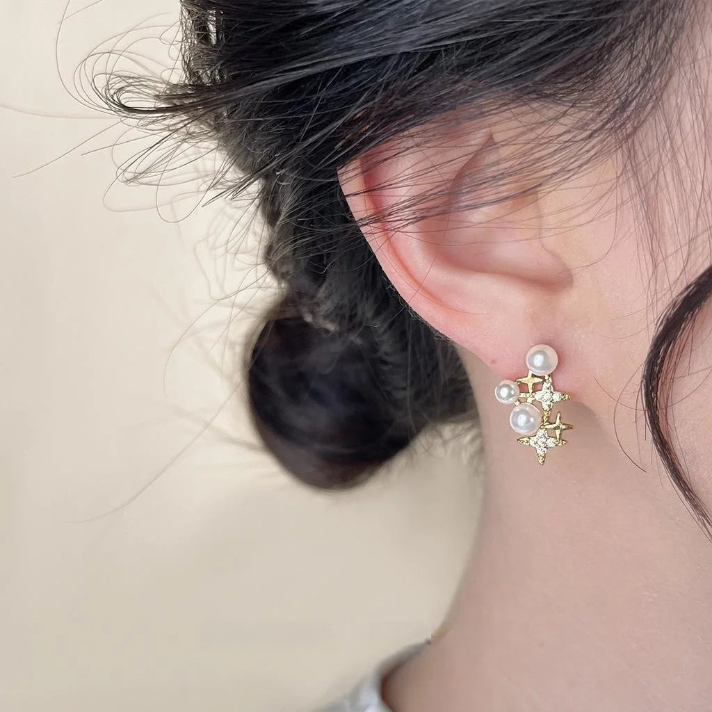 Light Luxury Copper Micro Pave Zircon Star Stud Earrings With High Luster Pearl Geometric Design
