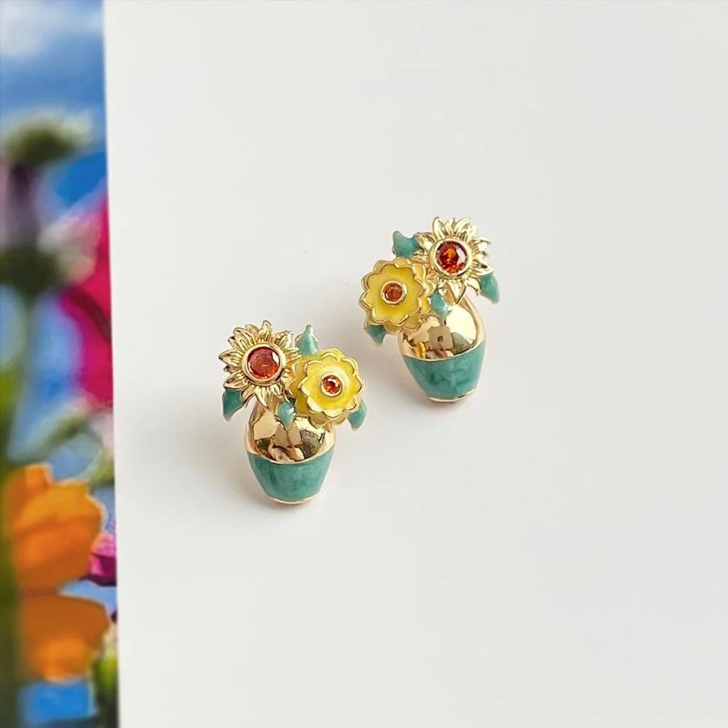 Luxury Designer Sunflower Enamel Stud Earrings 14K Plated Copper Micro Pave Zircon Jewelry
