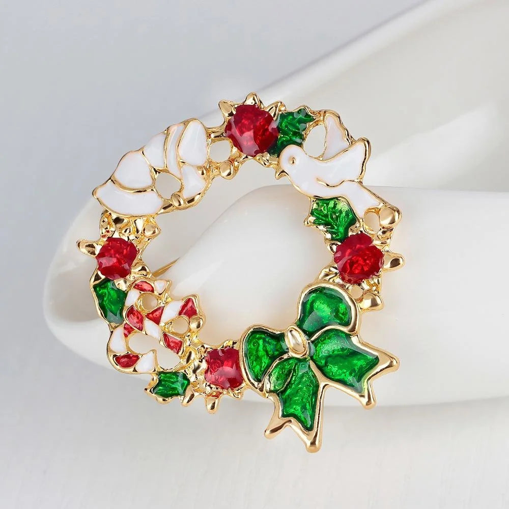 Elegant Christmas Wreath Enamel Alloy Rhinestone Brooch For Women, Festive Lapel Pin Corsage Gift
