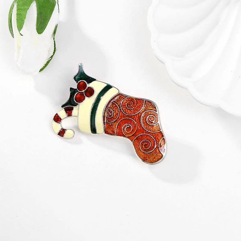 Christmas Stocking Enamel Alloy Brooch, Cute Candy Cane Holly Lapel Pin For Suit Accessory Gift
