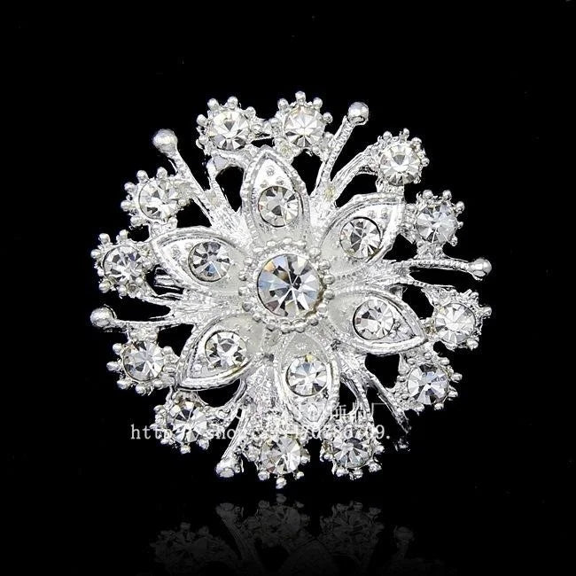 Elegant Silver Rhinestone Crystal Flower Brooch, Small Alloy Lapel Pin Corsage For Women Suit Accessory