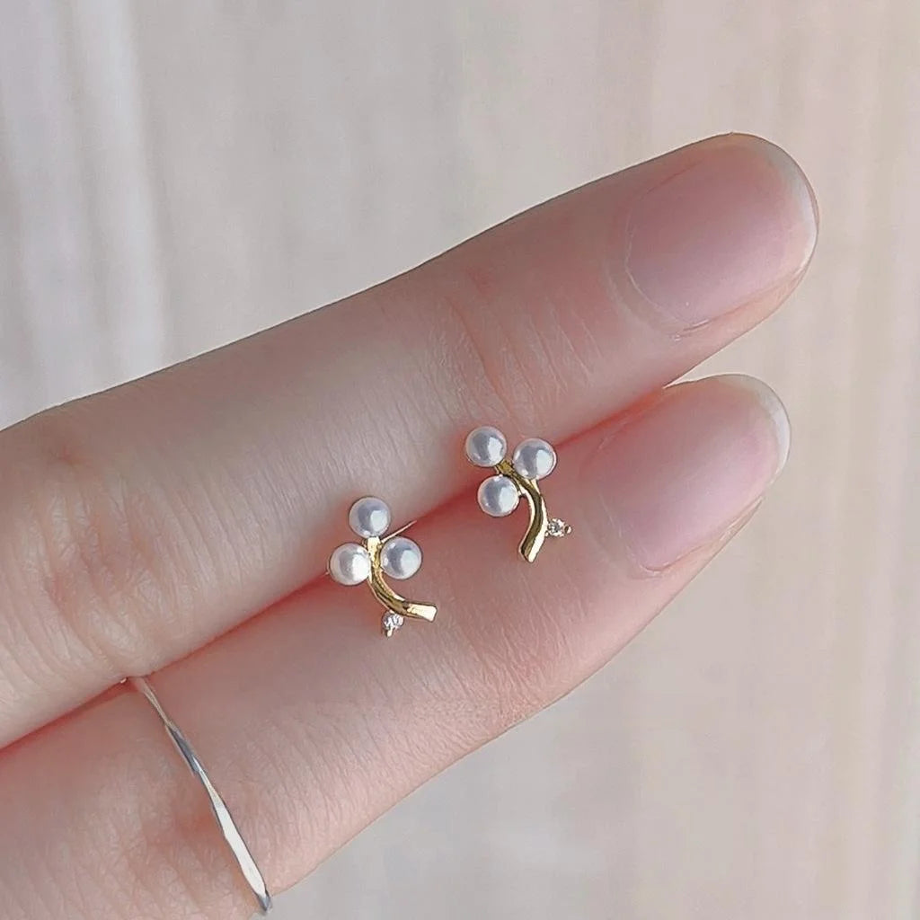 French Vintage Copper Pearl Grape Cluster Stud Earrings With Micro Pave Zircon Flower
