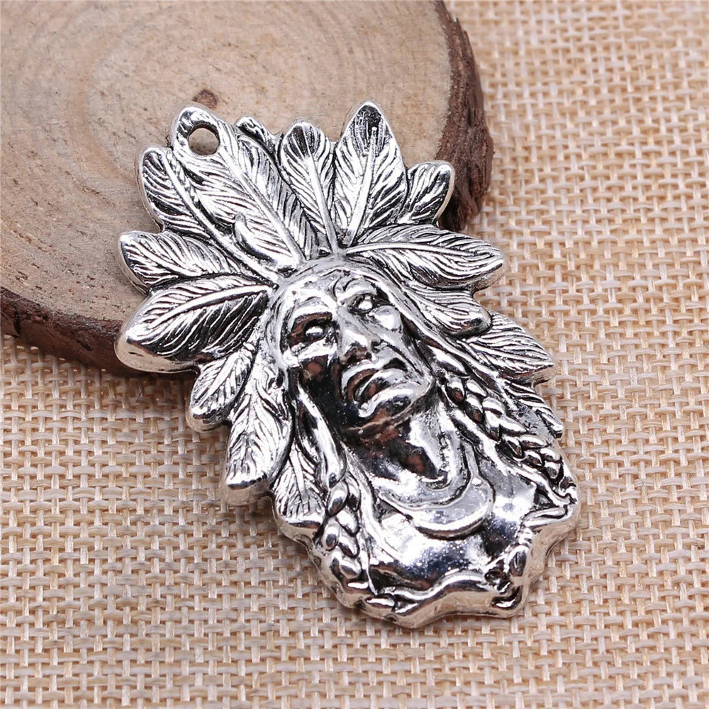 58x35mm 9g Antique Silver Zinc Alloy Indian Chief Charm Pendant for DIY Tribal Style Jewelry