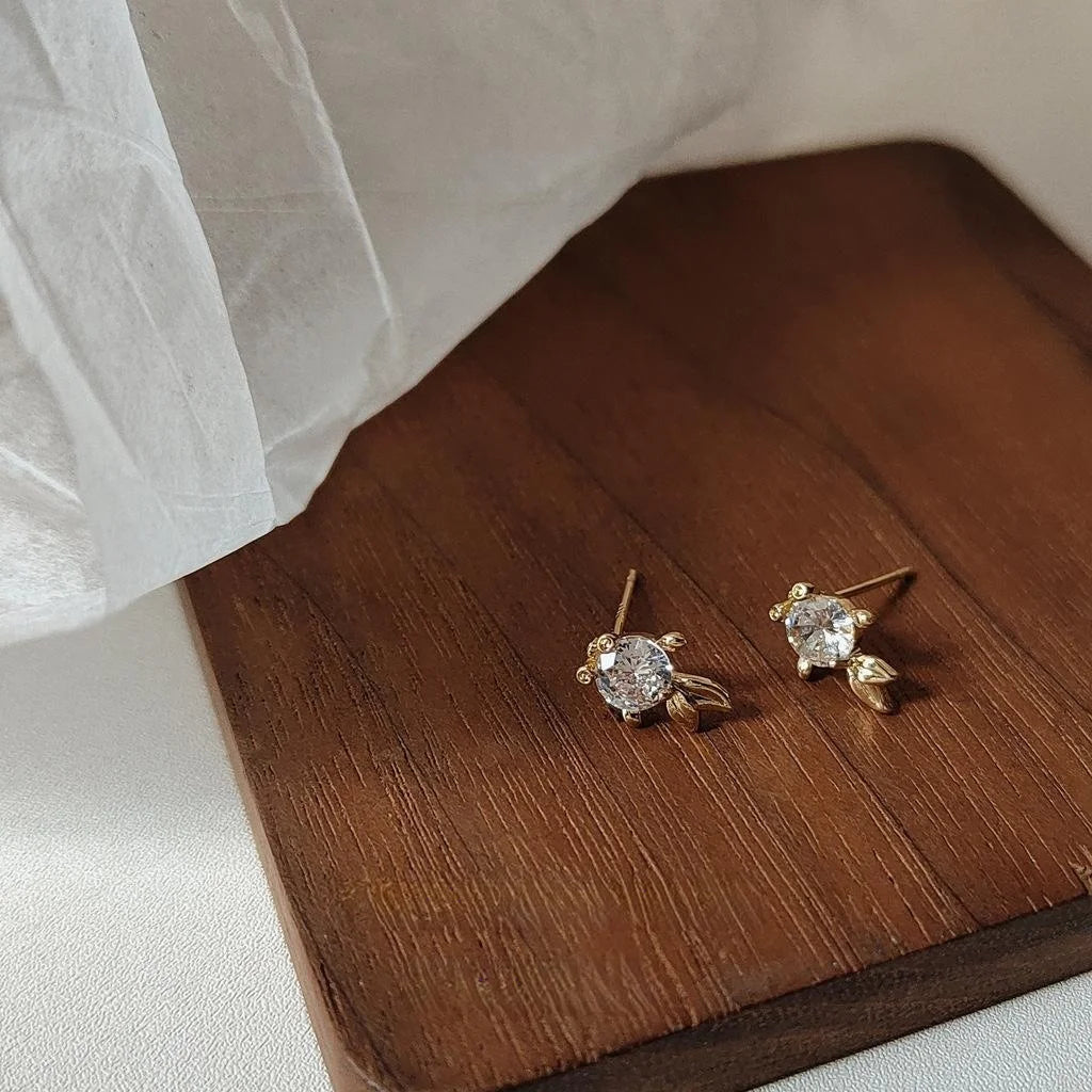 Mini Micro Pave Zircon Goldfish Stud Earrings 14K Gold Plated Copper Cute Animal Jewelry