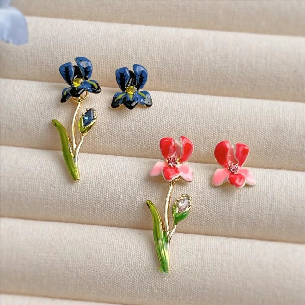 Asymmetric Iris Flower Enamel Copper 14K Plated Sweet Drop Earrings