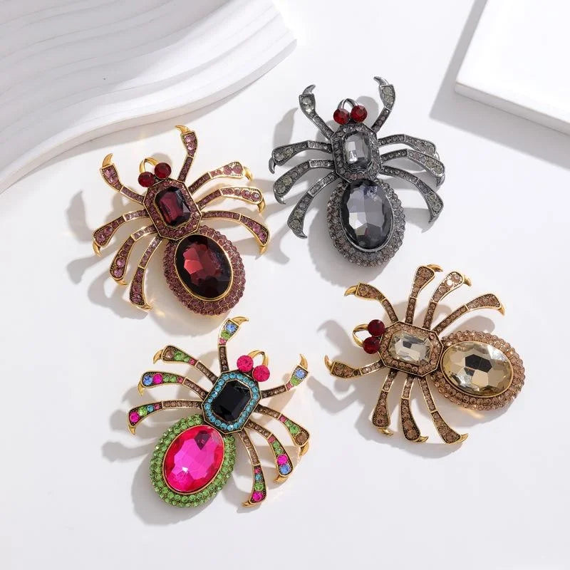 Luxury Big Spider Rhinestone Brooch With Pink Oval Crystal, Elegant Animal Lapel Pin Corsage Gift