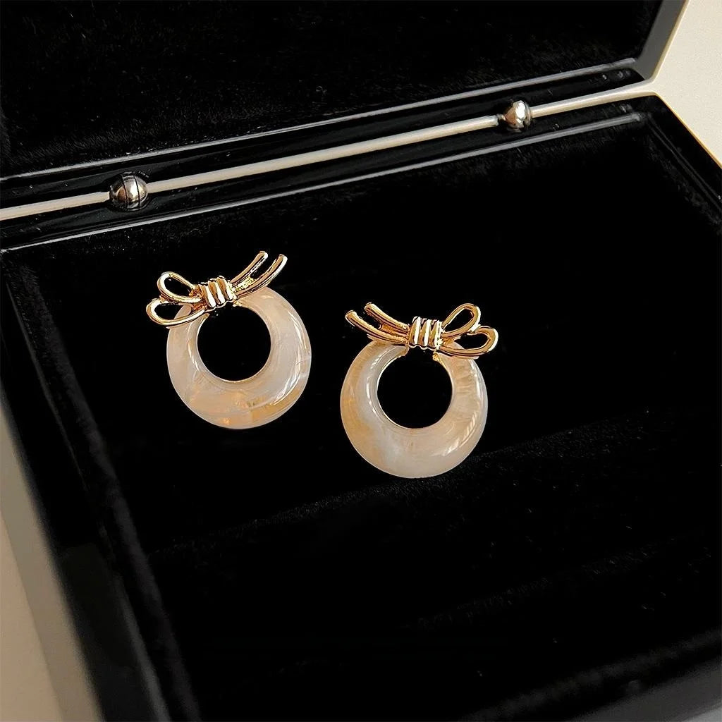French Vintage 14K Gold Plated Resin Bow Stud Earrings Warm Gradient Round Elegant Jewelry