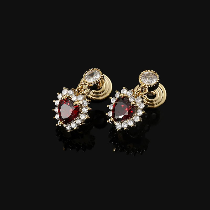Vintage Red Heart Zircon Rhinestone Alloy Stud & Clip On No Piercing Baroque Drop Earrings
