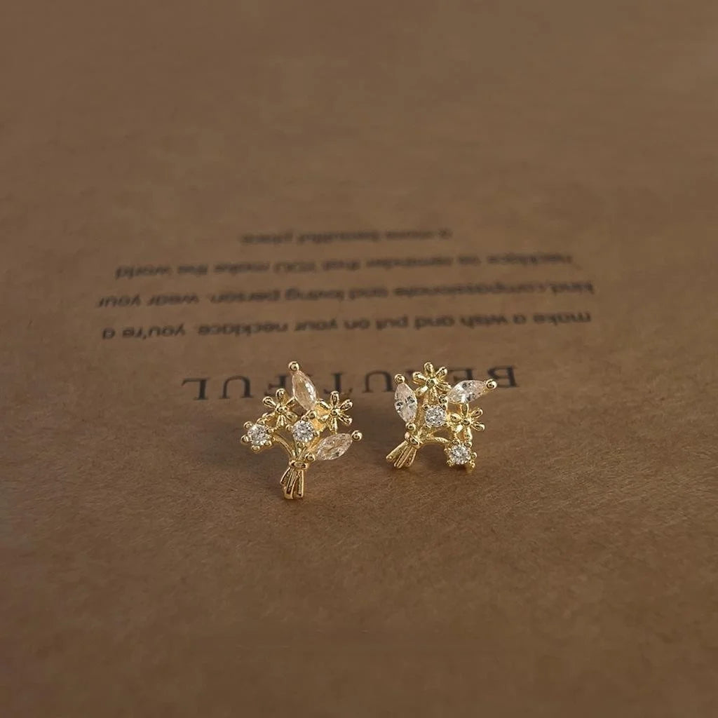 Micro Pave Zircon Floral Bouquet Copper Stud Earrings Simple Vintage Sweet Small Jewelry