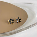14K Plated Copper Black Flower Micro Pave Zircon Stud Earrings, Elegant Minimalist Ear Jewelry