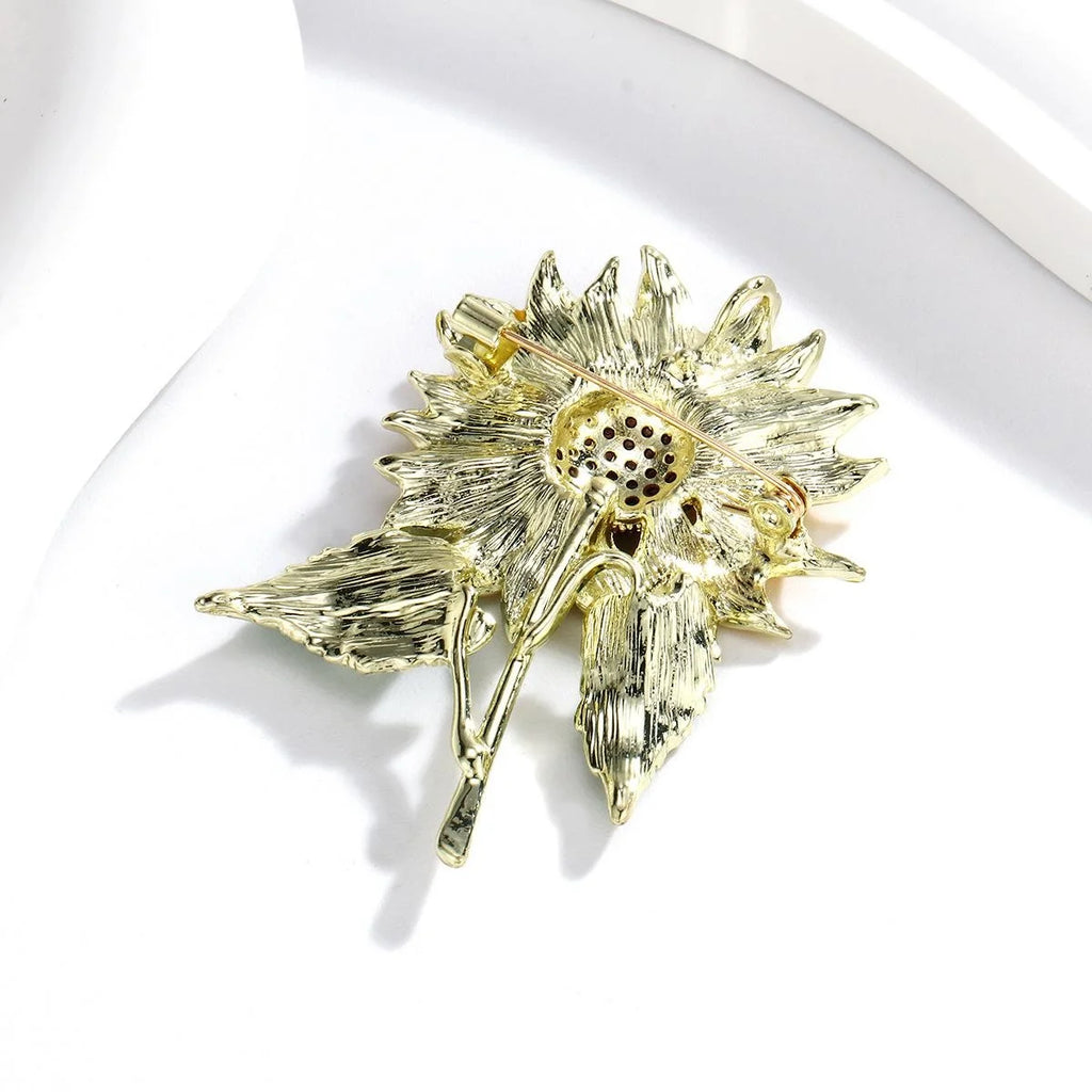 Elegant Enamel Sunflower Brooch With Rhinestone Center, Floral Lapel Pin Corsage Suit Accessory Gift
