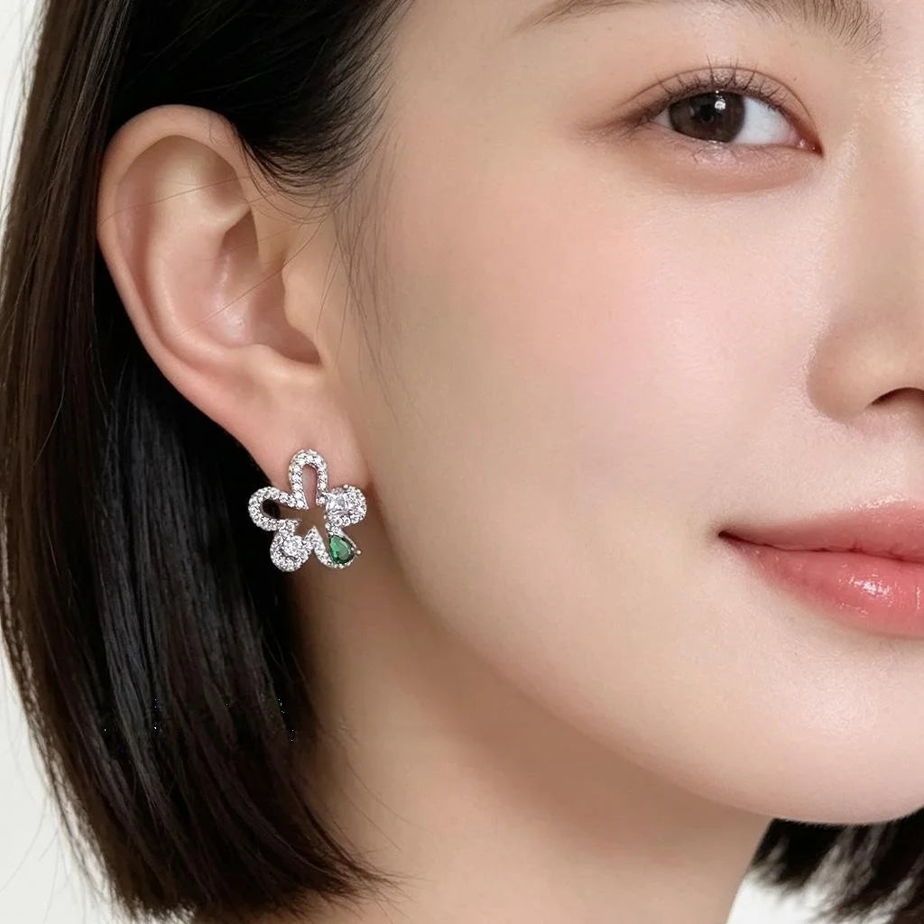 Light Luxury Micro Pave Zircon Copper Hollow Flower Stud Earrings Green Mini Minimalist Jewelry