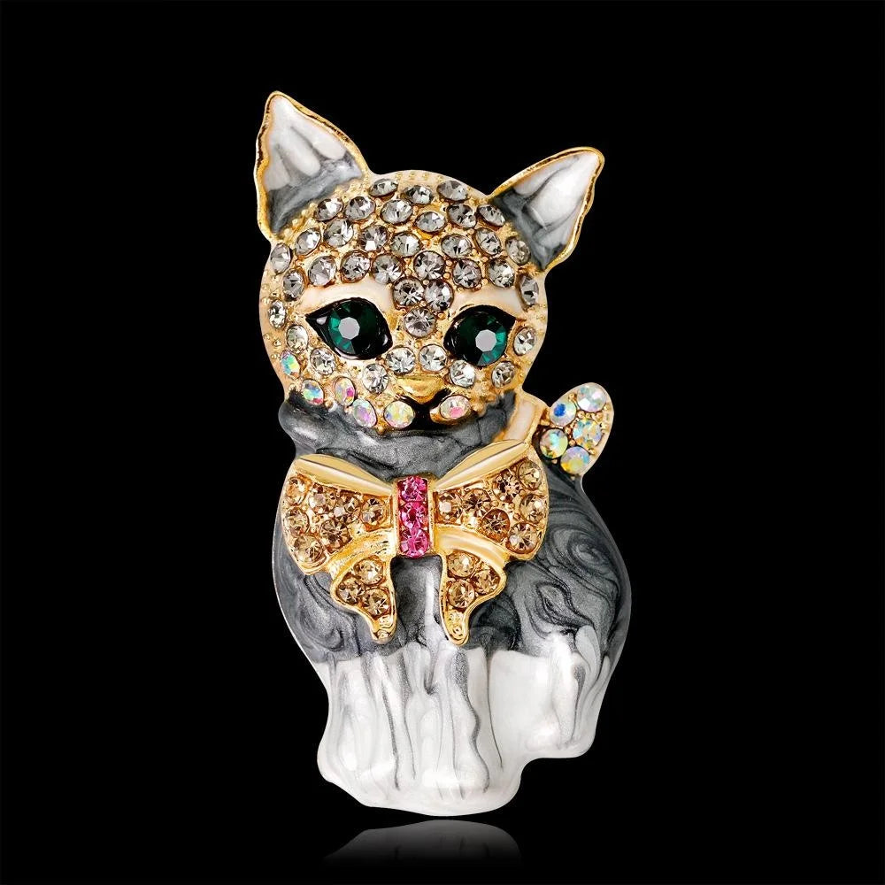 Cute Green Eye Cat Brooch Alloy Rhinestone Enamel Luxury Lapel Pin Corsage Suit Accessory Gift