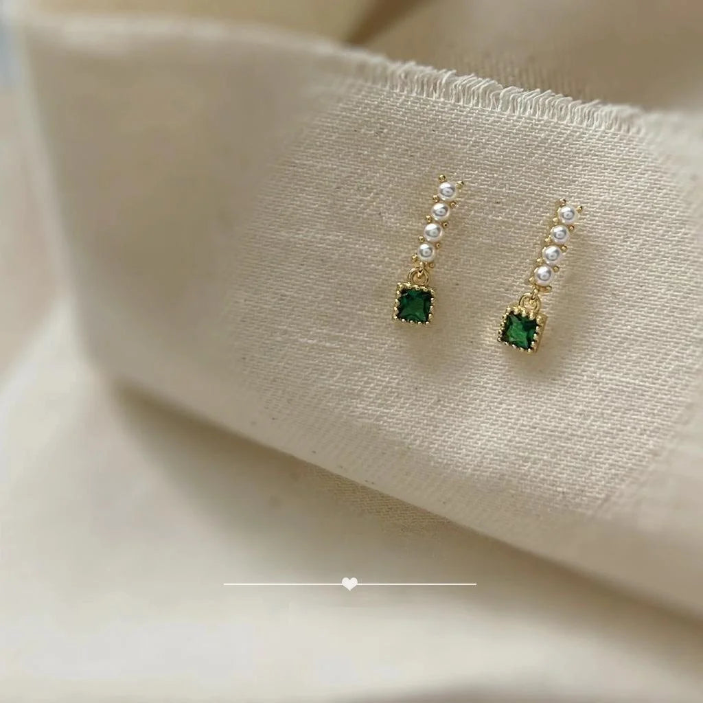 Mini Vintage Geometric Pearl Emerald Stud Earrings 14K Plated Copper Micro Pave Zircon Jewelry