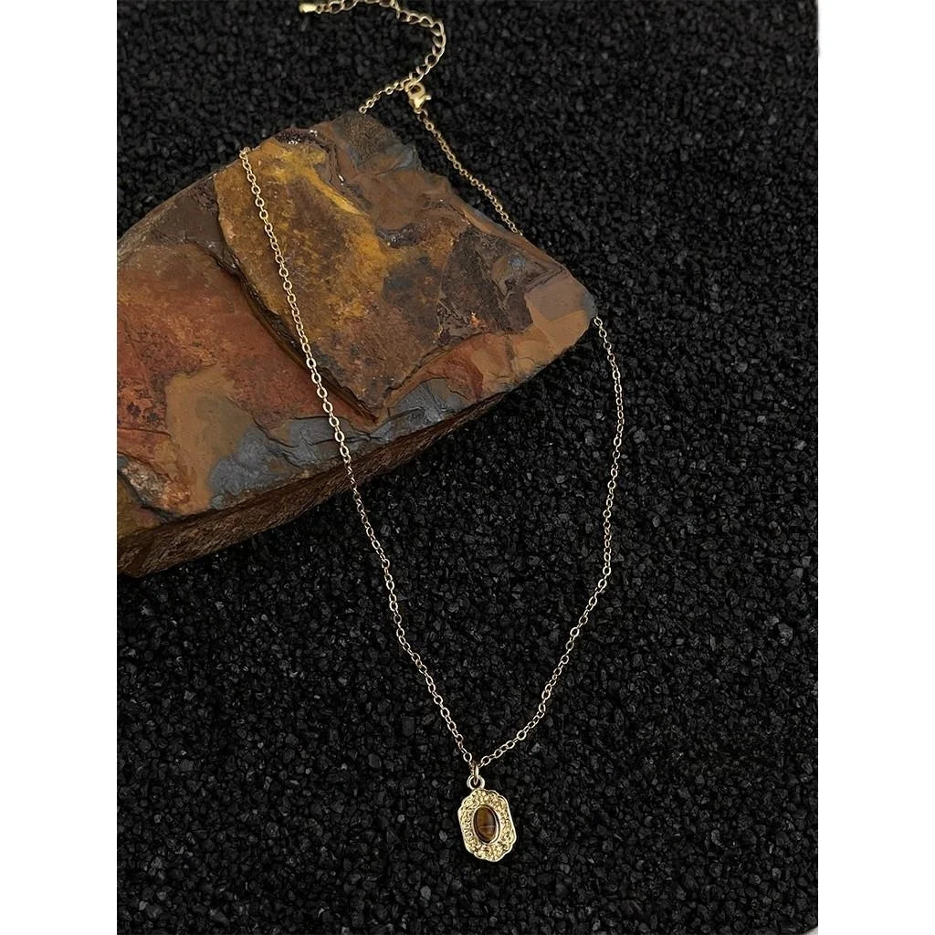 18K Gold Plated Copper Tiger Eye Natural Stone Vintage Collarbone Necklace For Women
