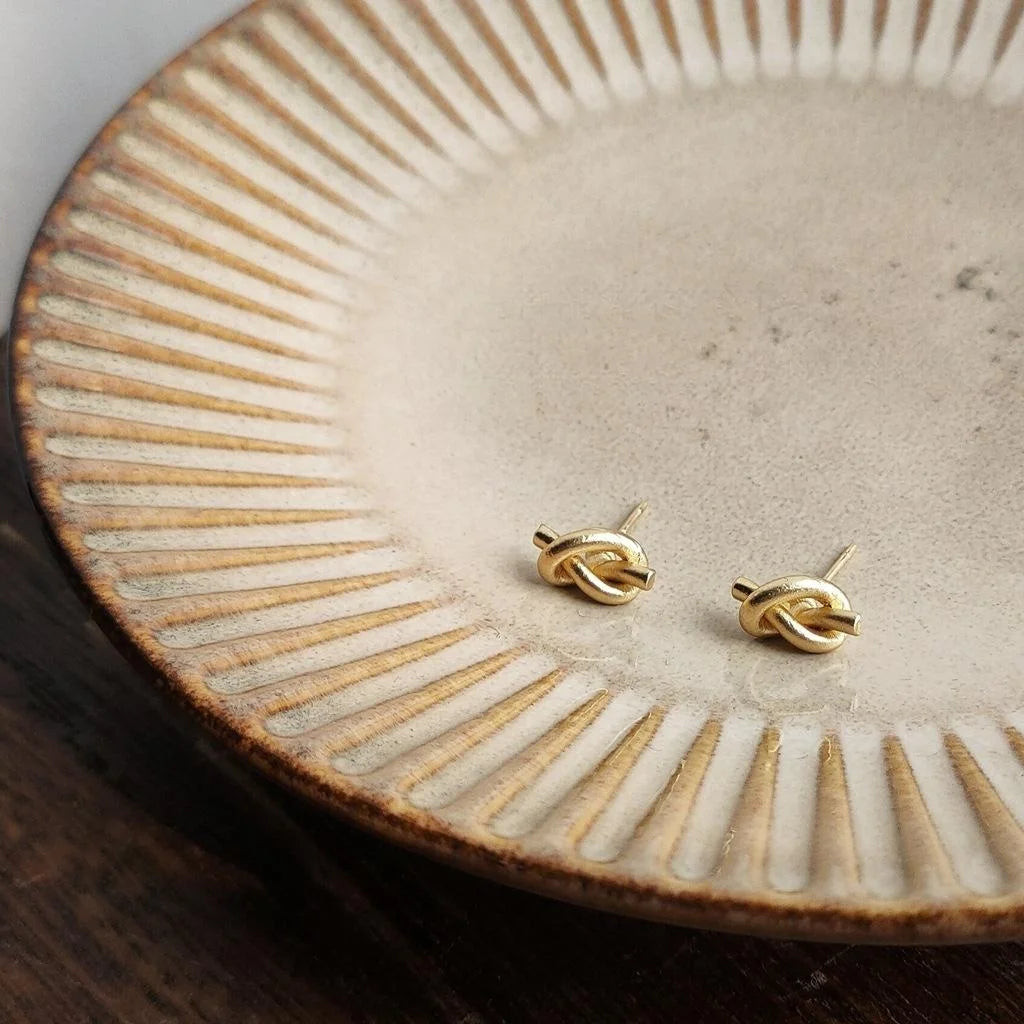 14K Gold Plated Copper Knot Stud Earrings For Women Minimalist Mini Geometric Korean Style
