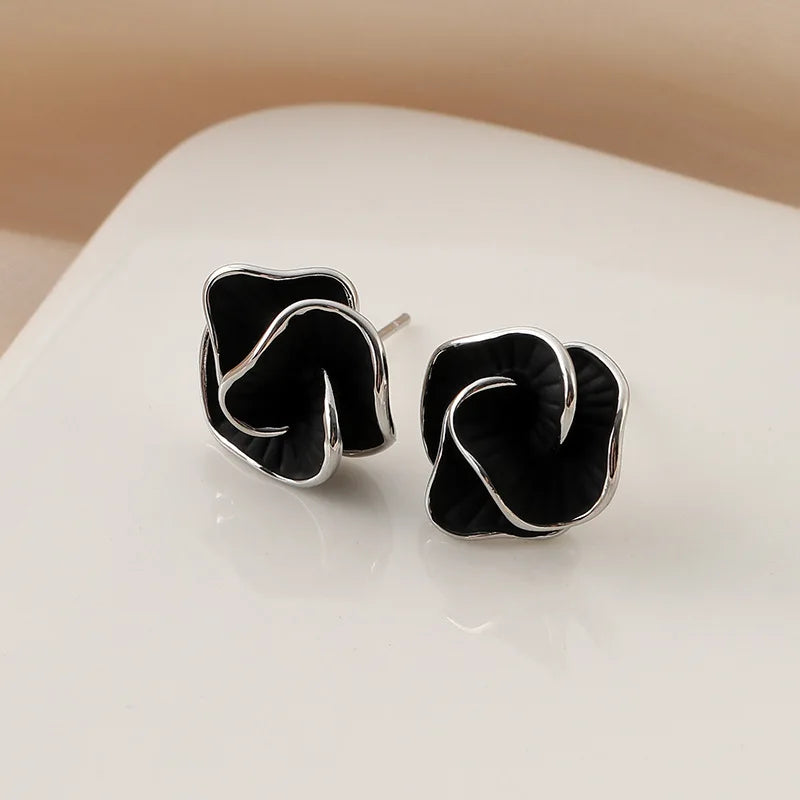 Elegant Black Camellia Flower Enamel Alloy Stud & Clip On No Piercing Minimalist Floral Earrings