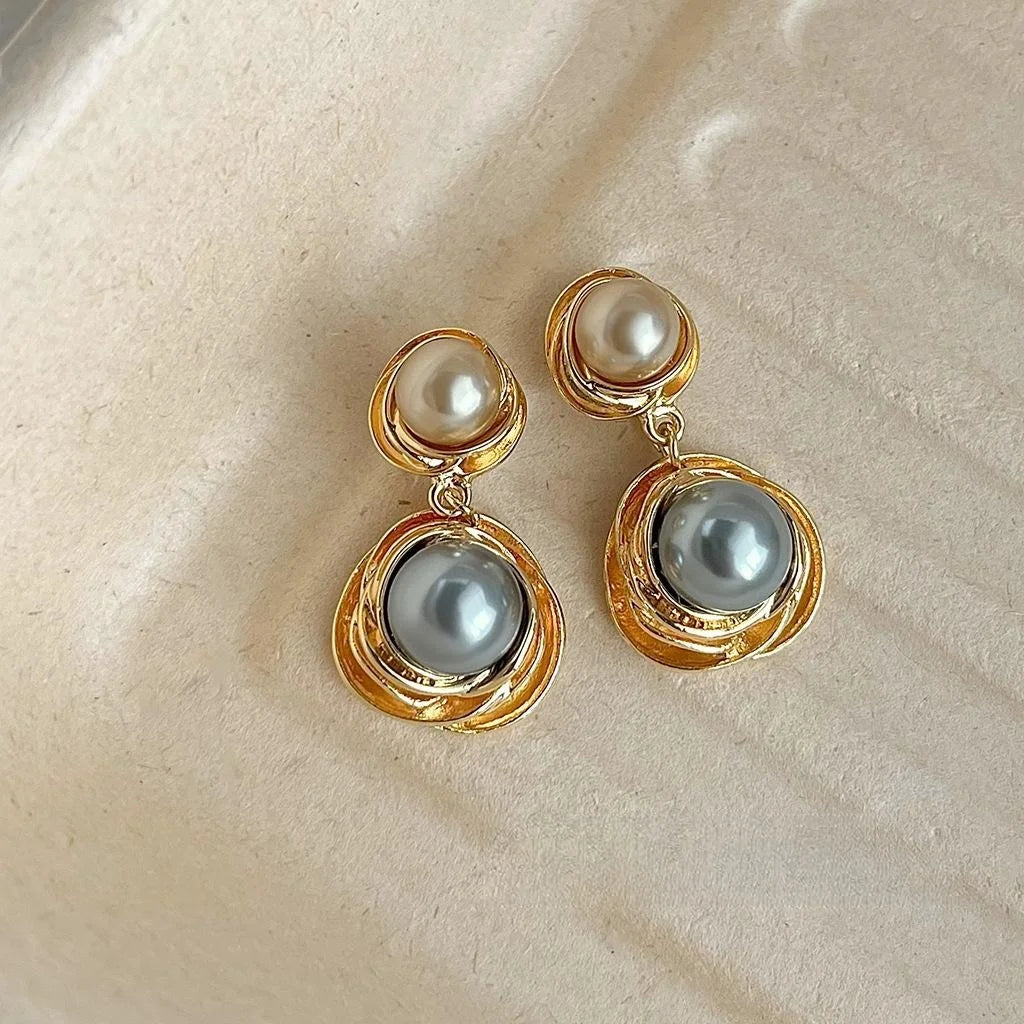 Vintage Hong Kong Style 14K Plated Round Geometric Pearl Drop Earrings For Women