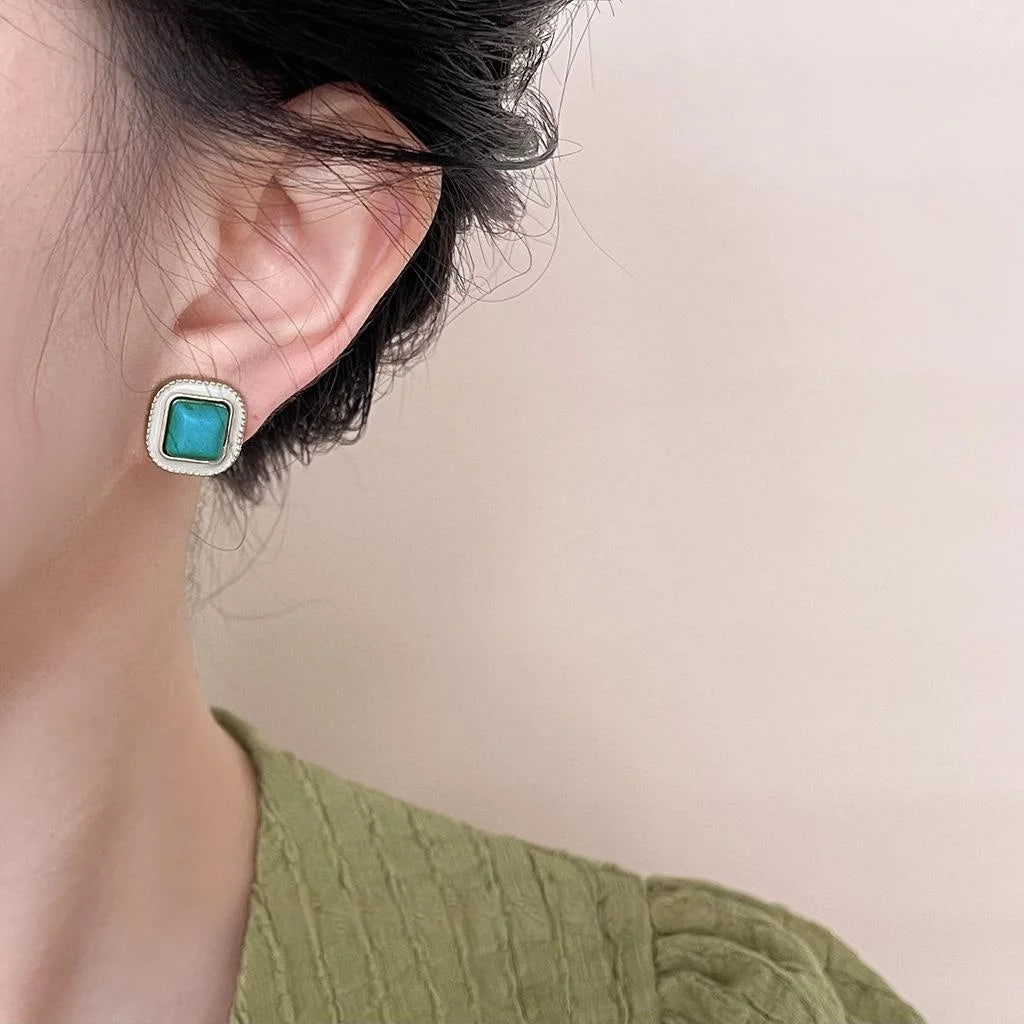Vintage Court Style Square Geometric Copper Synthetic Turquoise Stud Earrings For Women