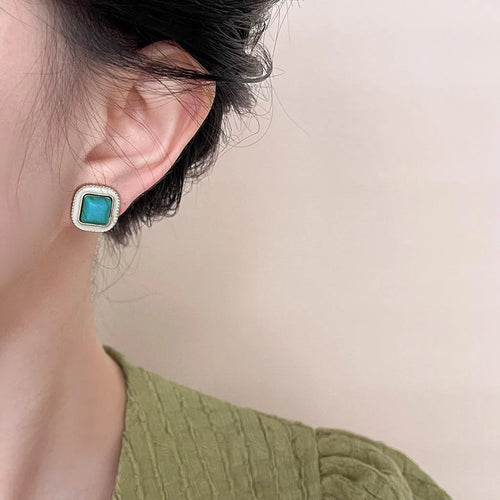Vintage Court Style Square Geometric Copper Synthetic Turquoise Stud Earrings For Women