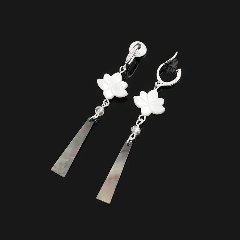 Vintage Natural Shell Lotus Flower Long Tassel Stud & Clip On No Piercing Chinese Style Dangle Earrings