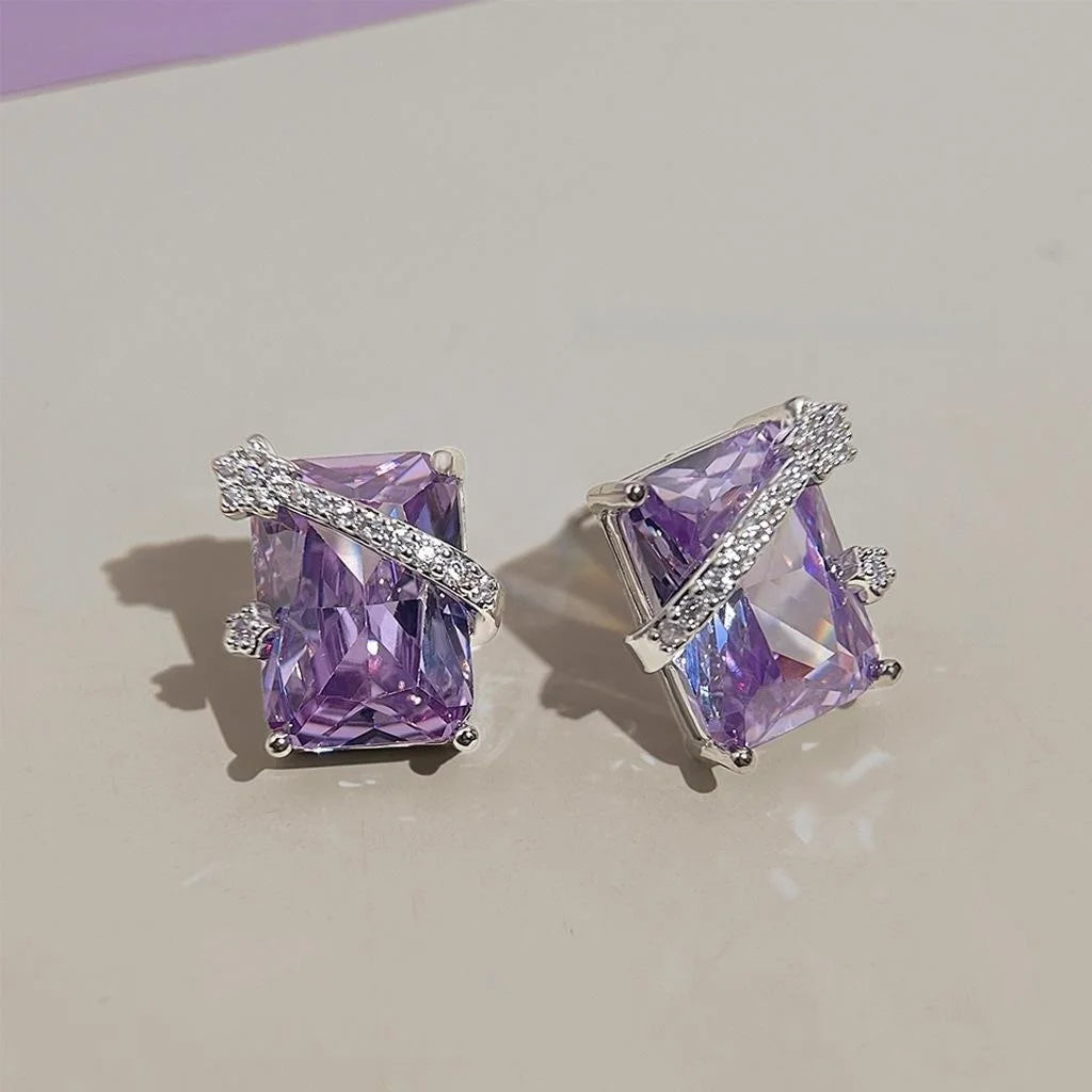 Sparkling Rectangular Purple Zircon Copper Stud Earrings Light Luxury