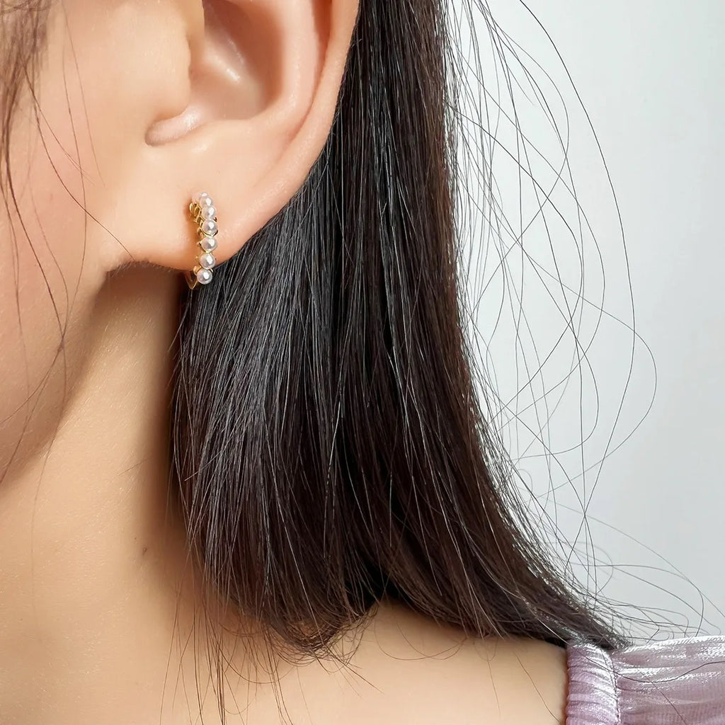 Elegant Gold Alloy Spiral Disc Hoop Pearl Stud & Clip On No Piercing Minimalist Ear Cuff Earrings