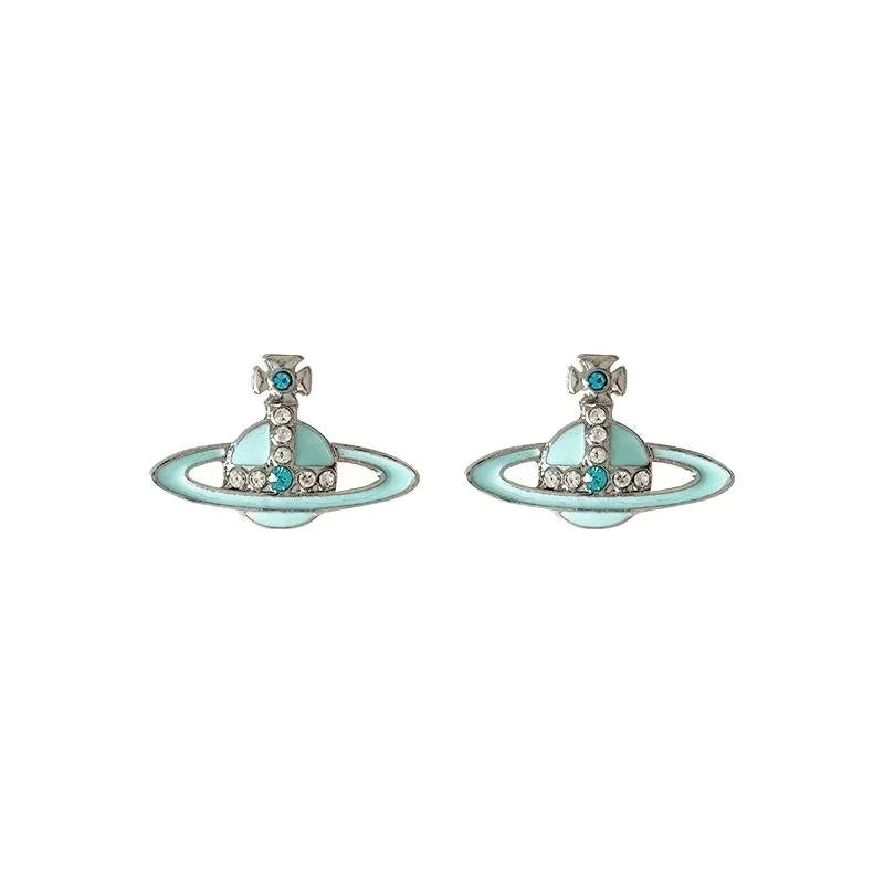 Milk Blue Saturn Stud Earrings Copper Enamel Star Planet Sweet Cool Jewelry