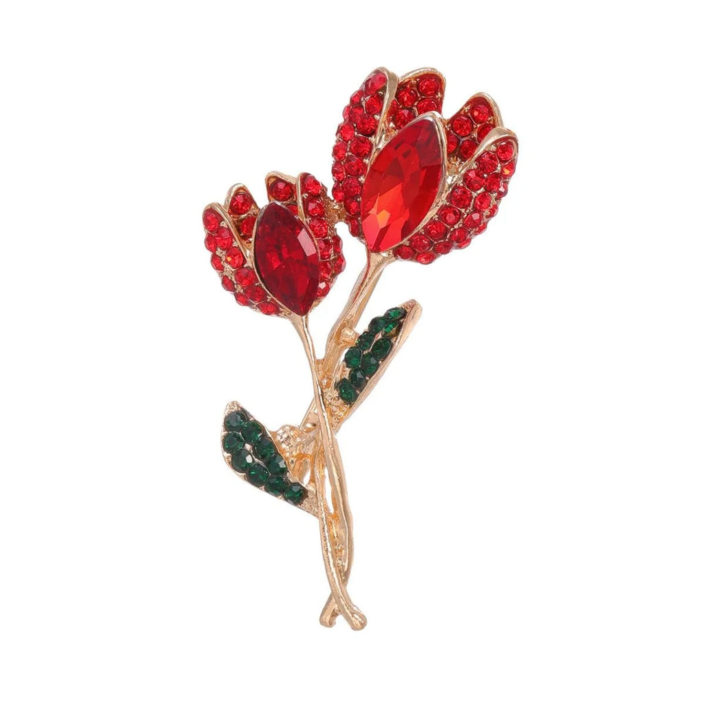 Luxury Red Rhinestone Tulip Flower Brooch, Gold Tone Alloy Floral Lapel Pin Corsage Gift For Women