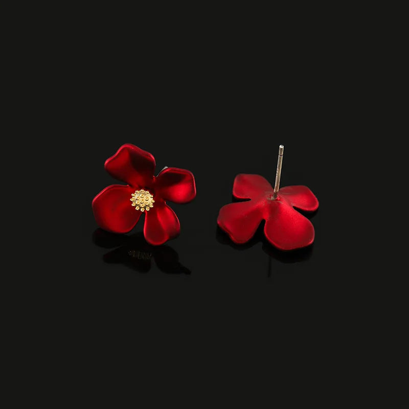 Vintage Red Enamel Flower Stud & Clip On No Piercing Alloy Gold Tone Sweet Floral Earrings