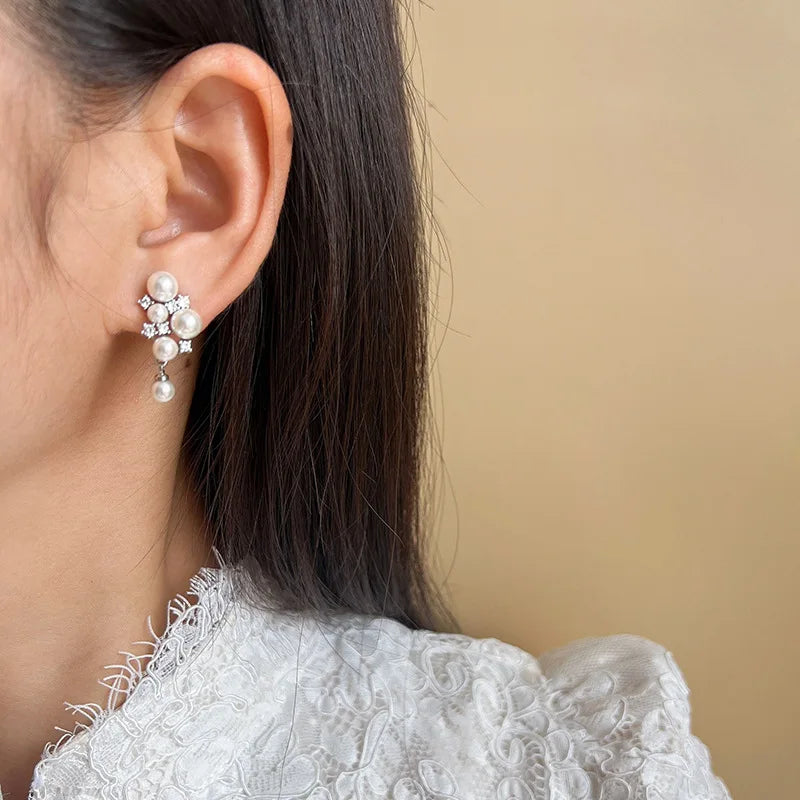 Luxury Vintage Grape Cluster Pearl Rhinestone Alloy Stud & Clip On No Piercing Drop Earrings