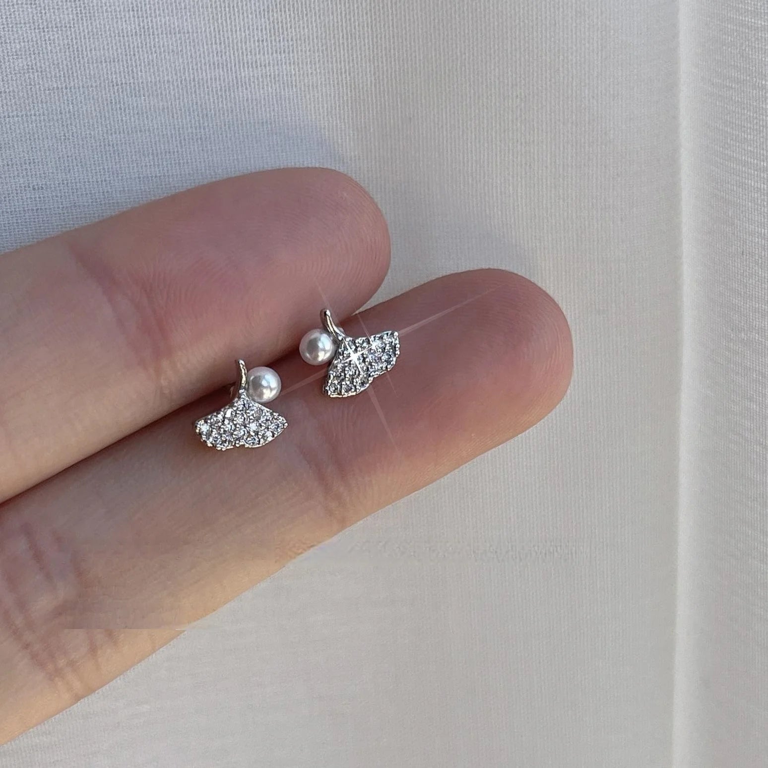 Mini Ginkgo Leaf Stud Earrings Copper Micro Pave Zircon Silver Plated Cute Daily Jewelry