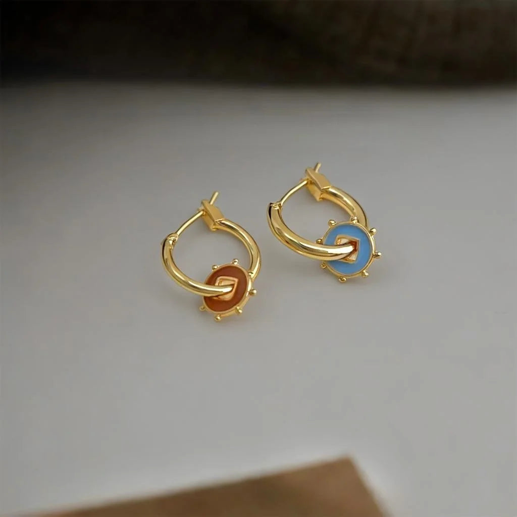 Light Luxury Asymmetric Copper Drip Glaze Geometric Circle Drop Earrings, New Chinese Style