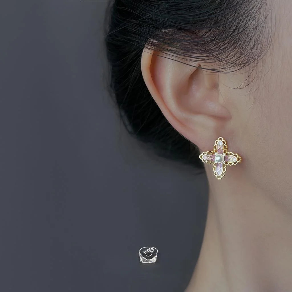 Lolita Pink Lace Flower Stud Earrings Copper Pearl Zircon Micro Pave Silver Plated Girly Jewelry