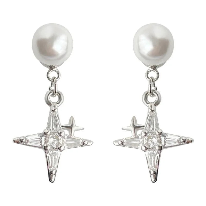 Detachable Two Way Copper Zircon Pearl Eight Point Star Front Back Stud Earrings Sweet Cool Style
