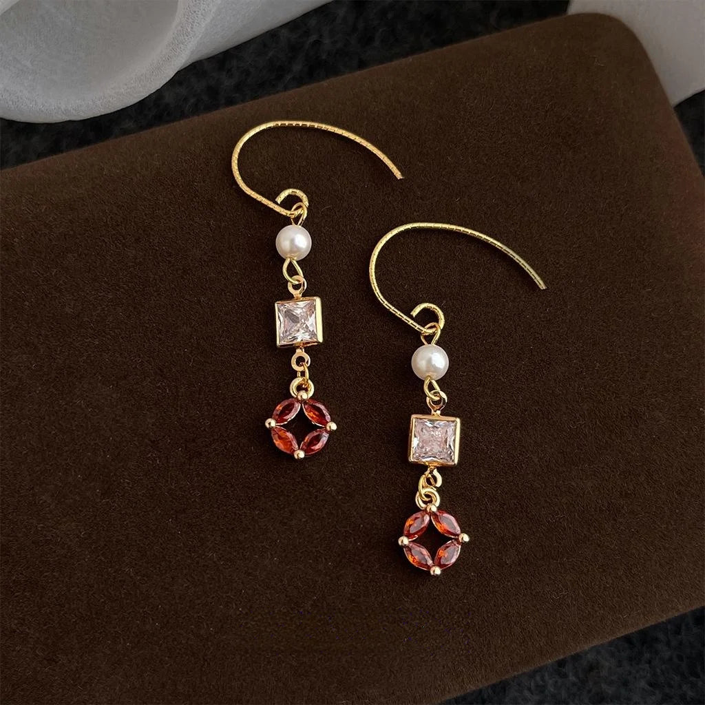 New Chinese Style Geometric Zircon Pearl Copper Long Drop Earrings for Women Supply