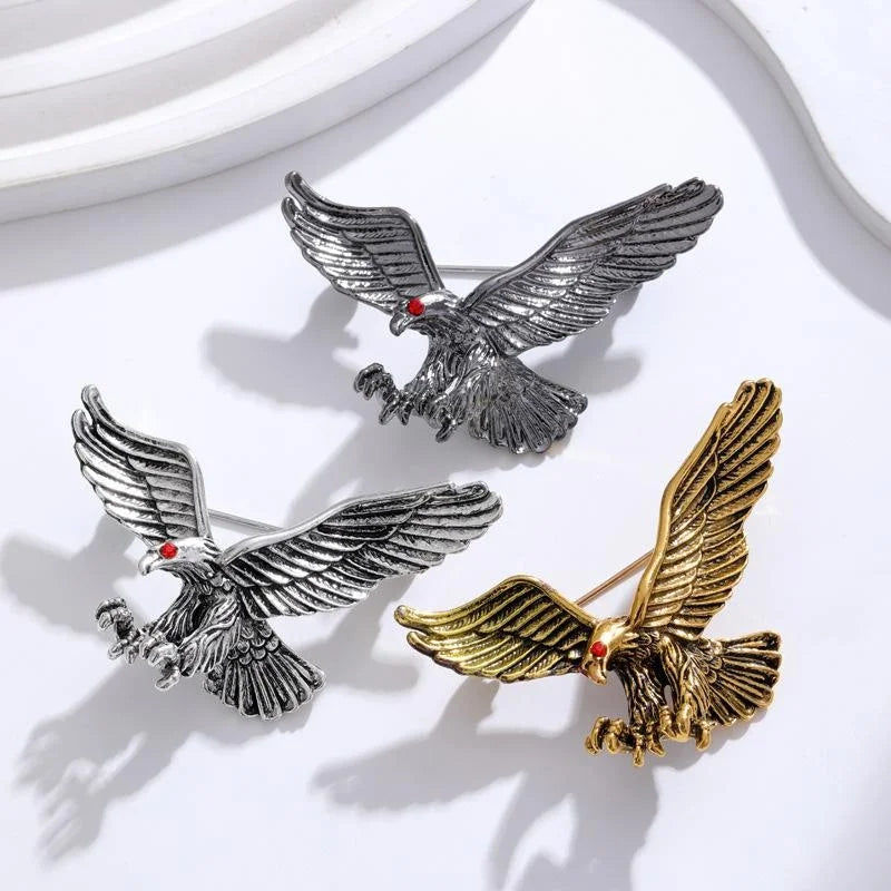 Vintage Gold Alloy Eagle Brooch With Red Rhinestone Eye, Elegant Animal Lapel Pin For Suit Accessory Gift